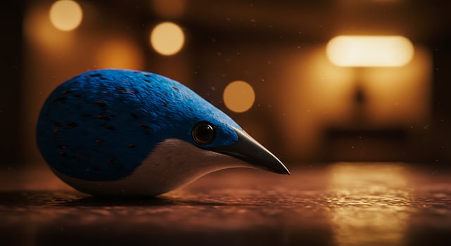 Blue Bird Figurine with Black Eye on Wooden Surface in Warm Ambient Light photo