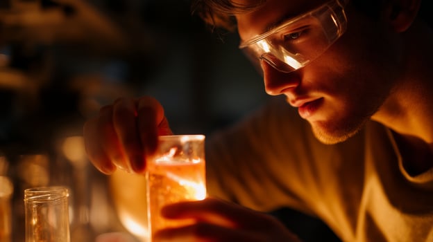 Scientist conducts experiment in laboratory with glowing liquid during evening hours photo