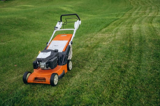 A lawn mower is sitting on the grass photo