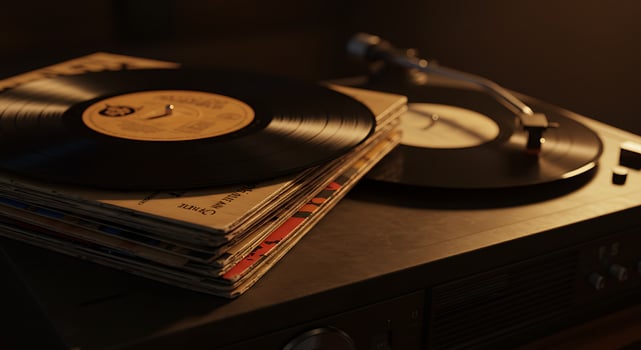 Vintage Turntable with Vinyl Records on Dark Wooden Surface in Warm Lighting photo