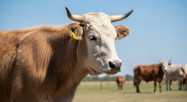 A brown cow with yellow ears standing in a field photo