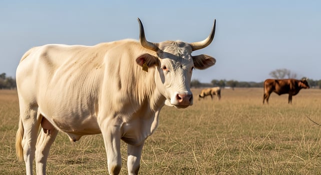 A white cow standing in a field with other cows photo
