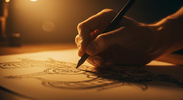 Person Drawing Artwork on Paper with Pencil in Warm Lighting Scene photo