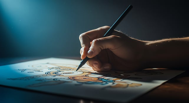 Hand Drawing Artistic Illustration on Paper in Dim Light photo