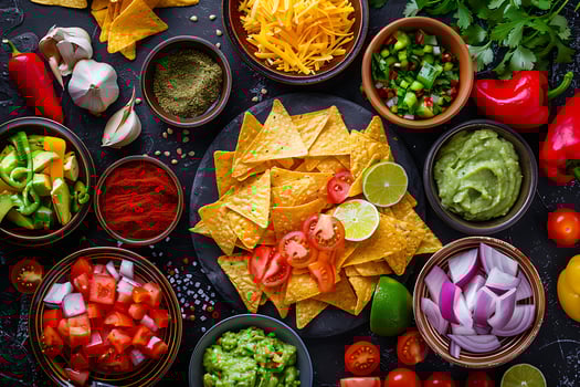 Delicious Tex Mex Fiesta Ingredients Spread on Dark Surface. photo
