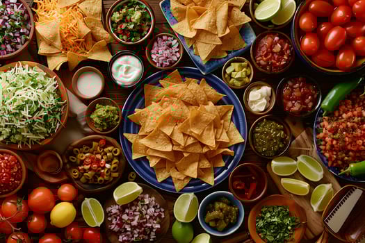 A Colorful Spread of Delicious Nachos and Fresh Mexican Toppings. photo