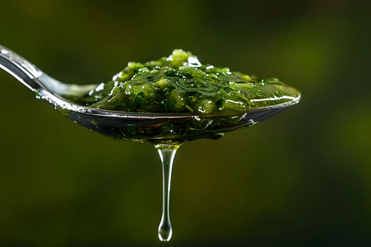 Fresh Pesto Sauce Drips from a Spoon in a Close Up Shot. photo
