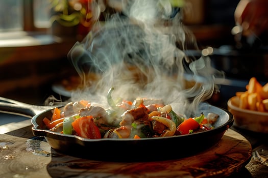 Sizzling Fajitas Steaming Hot in a Cast Iron Skillet photo