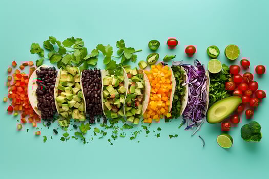Colorful Fresh Taco Ingredients Arranged Artfully on a Teal Background. photo