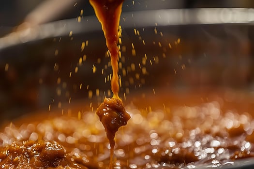 Thick Orange Sauce Poured into a Bowl with Droplets photo