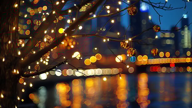 Twinkling Night Lights on Tree Branches Over Cityscape Bokeh. photo