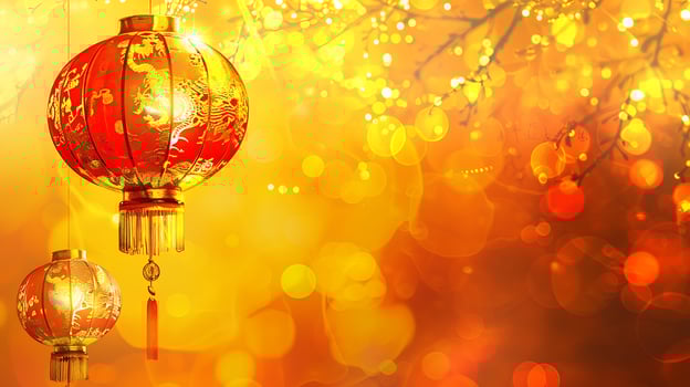 Glowing Red Chinese Lanterns Under Warm Golden Lights. photo