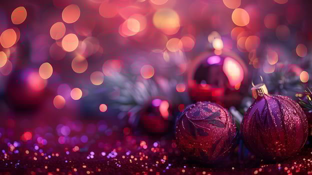 Festive Red and Purple Christmas Ornaments with Soft Bokeh Lights. photo