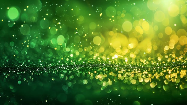 Magical shimmering green and gold bokeh lights background for celebration. photo