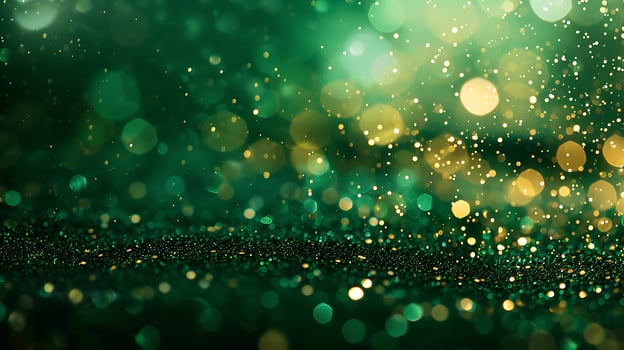 Golden Sparkles Dance on a Lush Emerald Green Background Bokeh. photo