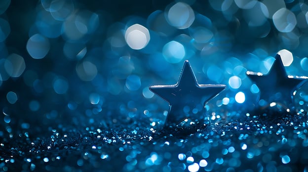 Gleaming Blue Star with Soft Bokeh Lights Sparkles in the Dark. photo