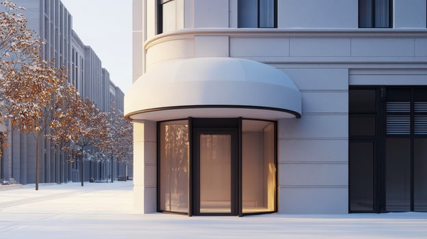 Modern storefront with curved glass door and white rounded canopy quiet street with autumn trees, creating calm and inviting photo
