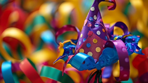 Festive Party Hat with Colorful Streamers and Polka Dots. photo