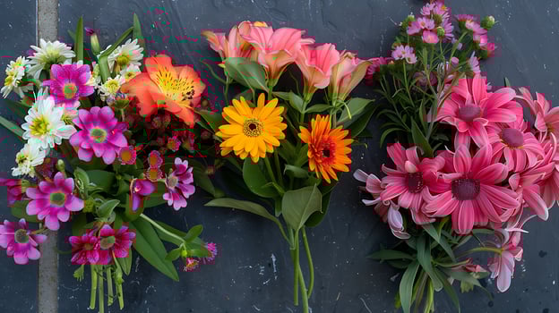 Beautiful Assortment of Fresh Flowers on a Dark Surface. photo