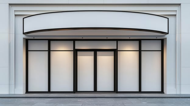 Empty storefront with blank windows and large white signboard above, modern and clean facade design photo