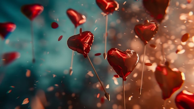 Falling Red Heart Balloons With Arrows and Confetti Inspire Love. photo