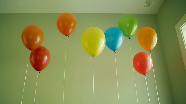 Colorful Balloons Floating Against a Light Green Wall Background. photo