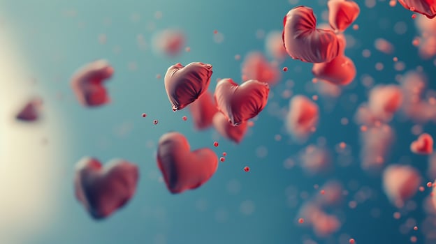 Floating Hearts Scatter Across a Dreamy Blue Background. photo