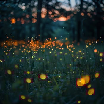 Enchanting Forest Glow of Fireflies on Delicate Wildflowers at Dusk. photo