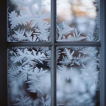 Intricate Frost Patterns Adorn a Cold Window Pane in Winter. photo