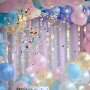 Colorful Confetti Falls on a Festive Balloon Birthday Celebration. photo