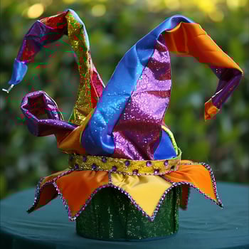Vibrant Jester Hat Shines with Colorful Sequins Outdoors. photo