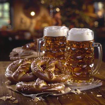 Two Refreshing Beer Mugs with Salty Pretzels on a Wooden Table. photo
