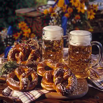Enjoy a refreshing beer and pretzels with festive autumn decorations. photo