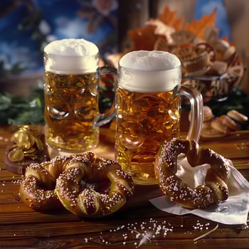 Oktoberfest Celebration Two Beer Mugs and Pretzels on a Wooden Table. photo