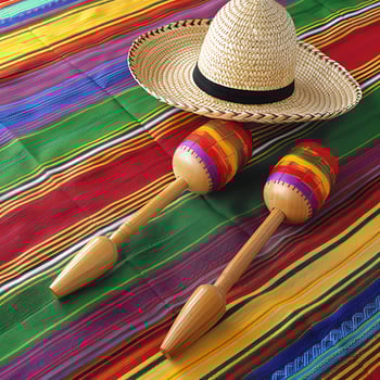Festive Fiesta Straw Hat and Maracas on Colorful Blanket. photo