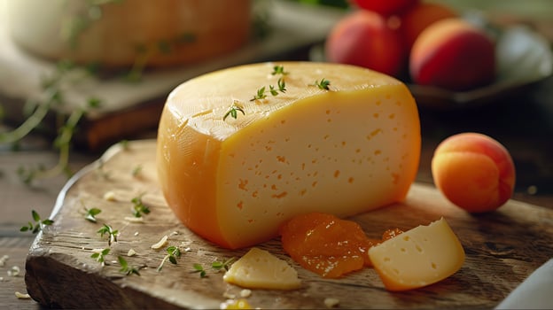 Delicious Cheese Plate with Peaches and Thyme, A Gourmet Delight. photo