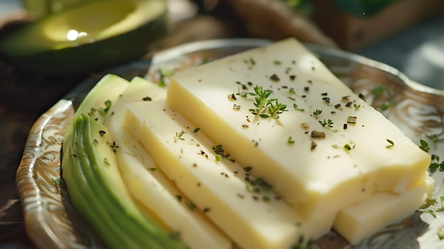Delicious Sliced Cheese and Avocado with Herbs on a Plate. photo