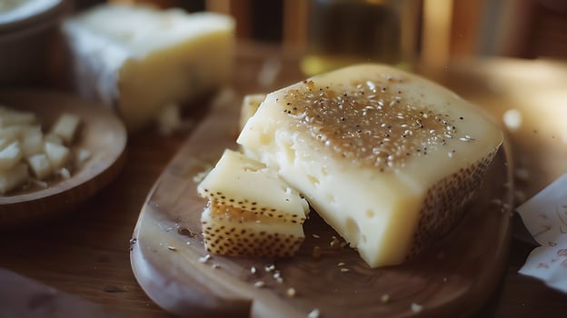 Delicious hard cheese with seeds and herbs on a wooden board. photo