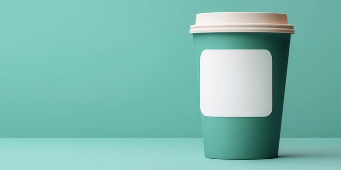 Green coffee cup with a blank label on a solid background, perfect for branding. photo