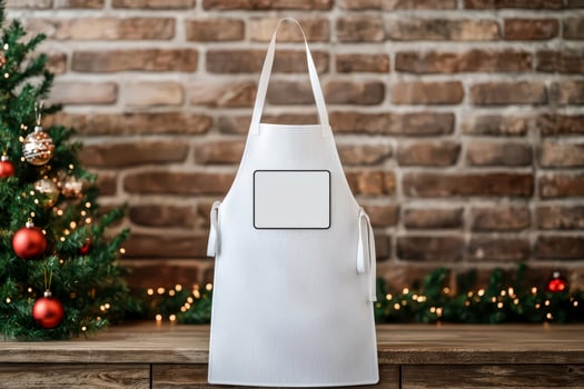 White apron on wooden table, decorated for Christmas, brick wall background. photo