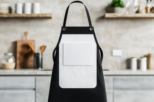 Black apron with a blank space for design in a modern kitchen setting. photo