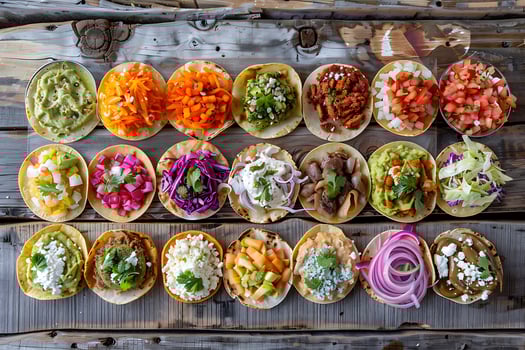 Colorful Mexican Tacos Spread Out on Rustic Wooden Surface. photo