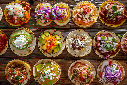 A Delicious Assortment of Colorful Gourmet Tacos on a Wooden Table. photo