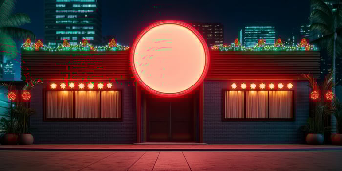 Vibrant restaurant facade with red neon lights and a prominent circular sign. photo