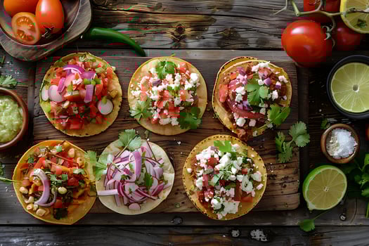 Fresh Tacos and Guacamole on Rustic Wood Surface. photo