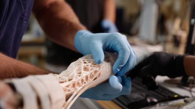 Innovative 3D printed prosthetic being fitted by experts in a rehabilitation clinic photo