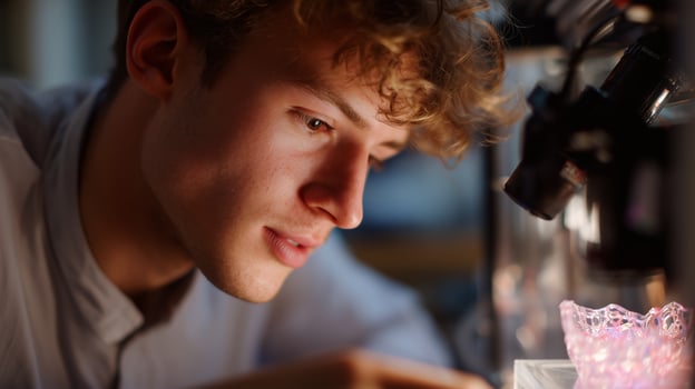 Young man observing intricate details of crystal through microscope in laboratory environment during daytime photo