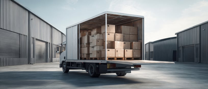 The truck loaded with cargo boxes in an industrial storage area. photo