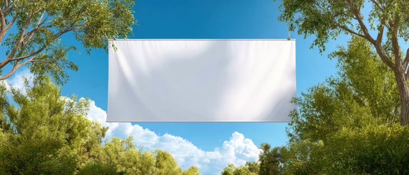 The blank white banner hanging among lush trees under a clear blue sky. photo