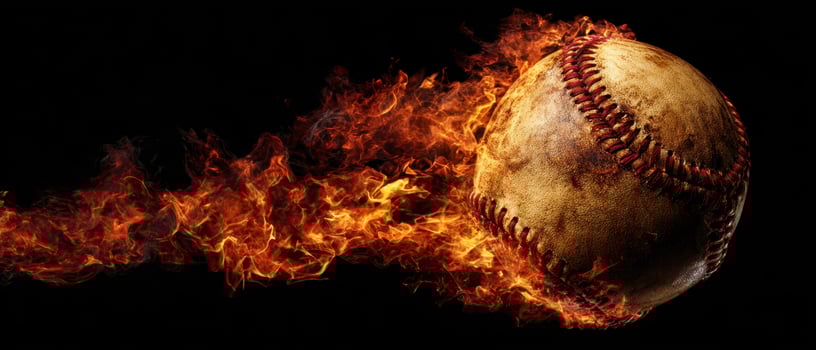 The flaming baseball soaring through a dramatic, fiery backdrop. photo